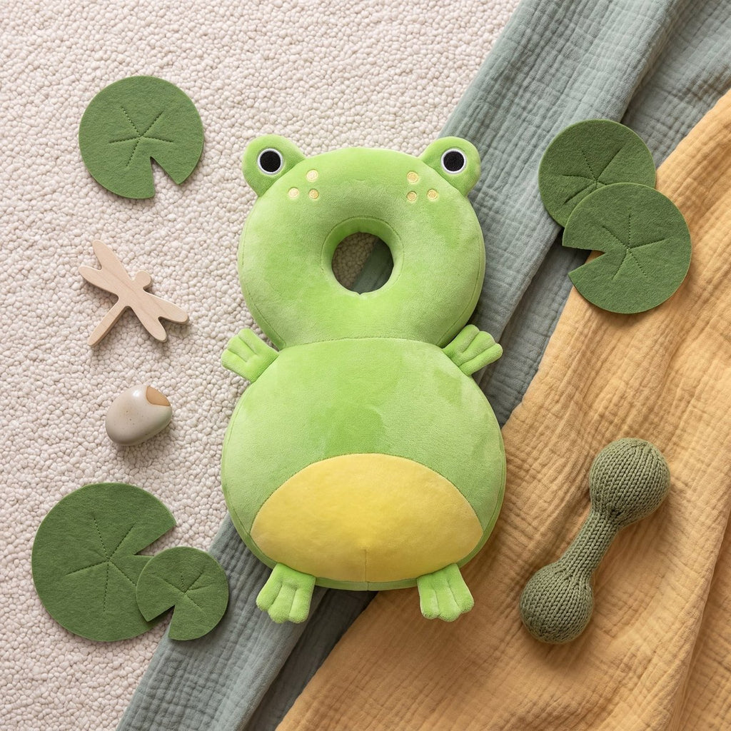 Bibbito Head Cushion in the Green Frog design, a soft green plush frog cushion with a yellow belly