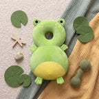 Bibbito Head Cushion in the Green Frog design, a soft green plush frog cushion with a yellow belly
