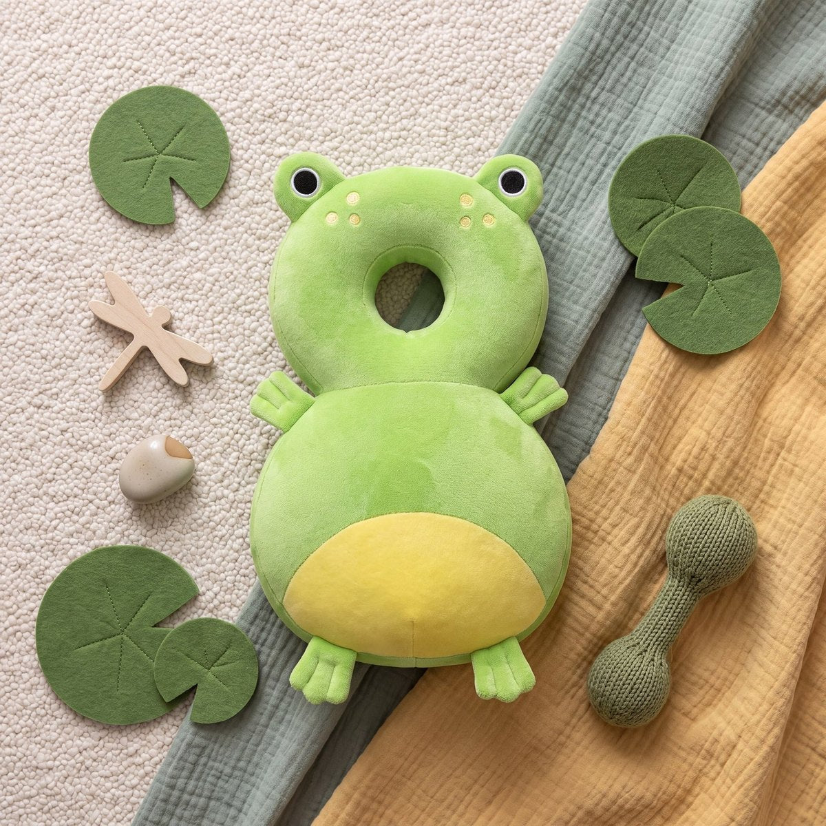 Bibbito Head Cushion in the Green Frog design, a soft green plush frog cushion with a yellow belly
