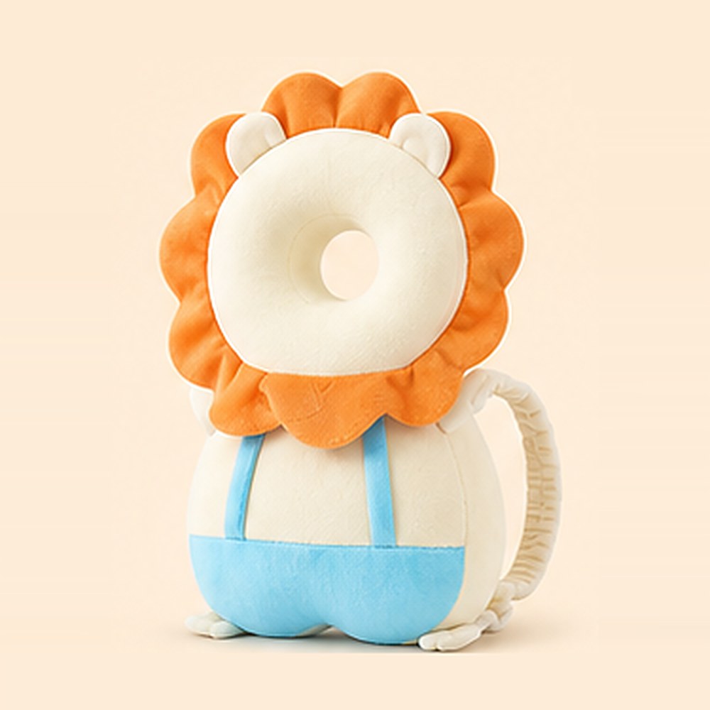 Bibbito Head Cushion in the Lion design, a soft cream plush lion cushion with an orange mane and blue overalls
