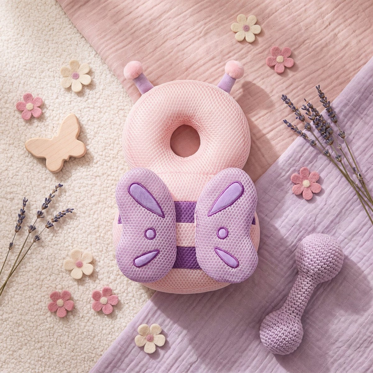 Pink Bee Bibbito Head Cushion with purple wings, laid flat on soft blankets