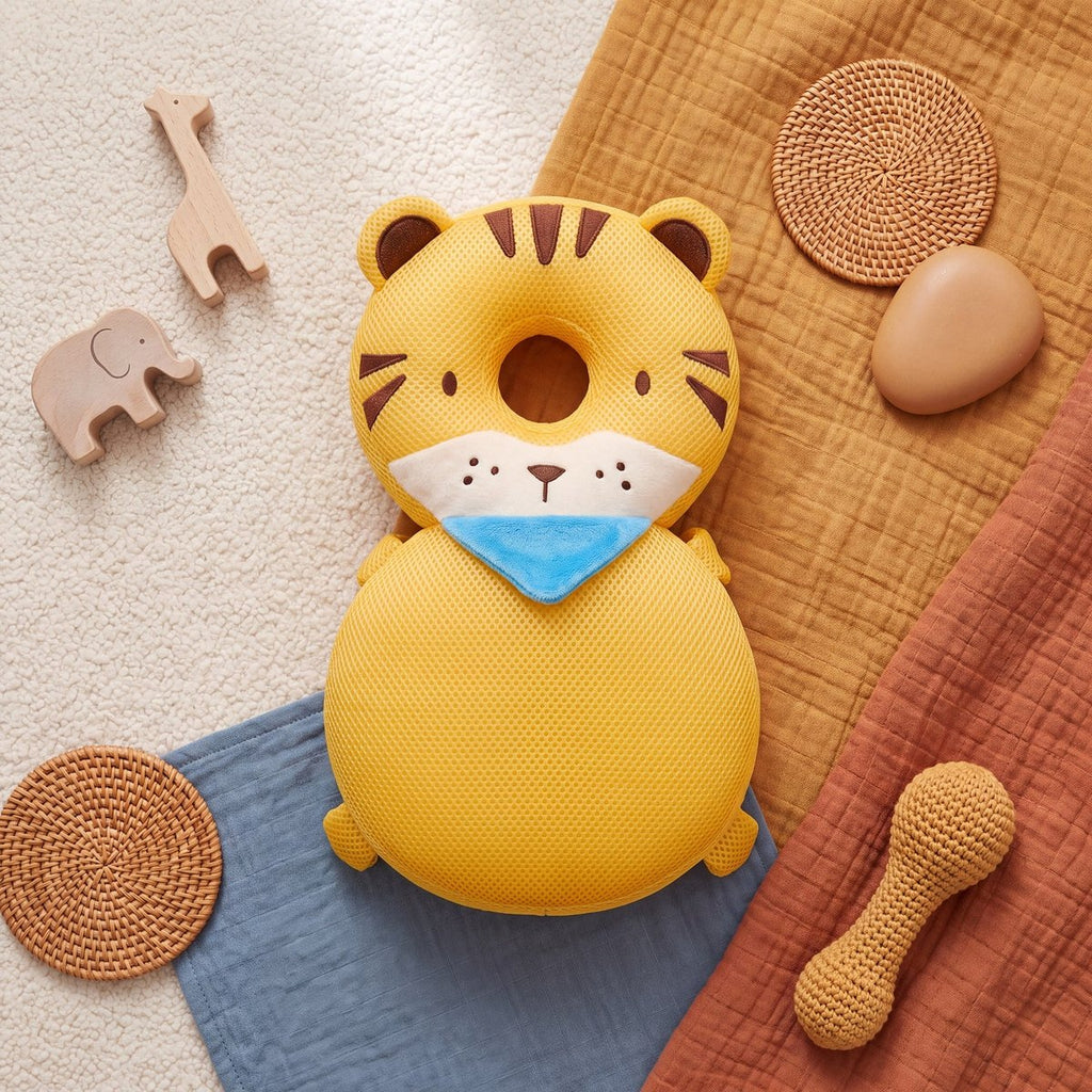 Bibbito Head Cushion in the Tiger design, a soft yellow plush tiger cushion with a blue bandana and breathable mesh