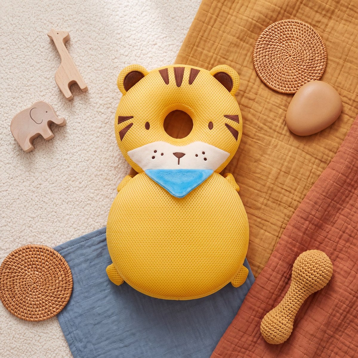 Bibbito Head Cushion in the Tiger design, a soft yellow plush tiger cushion with a blue bandana and breathable mesh
