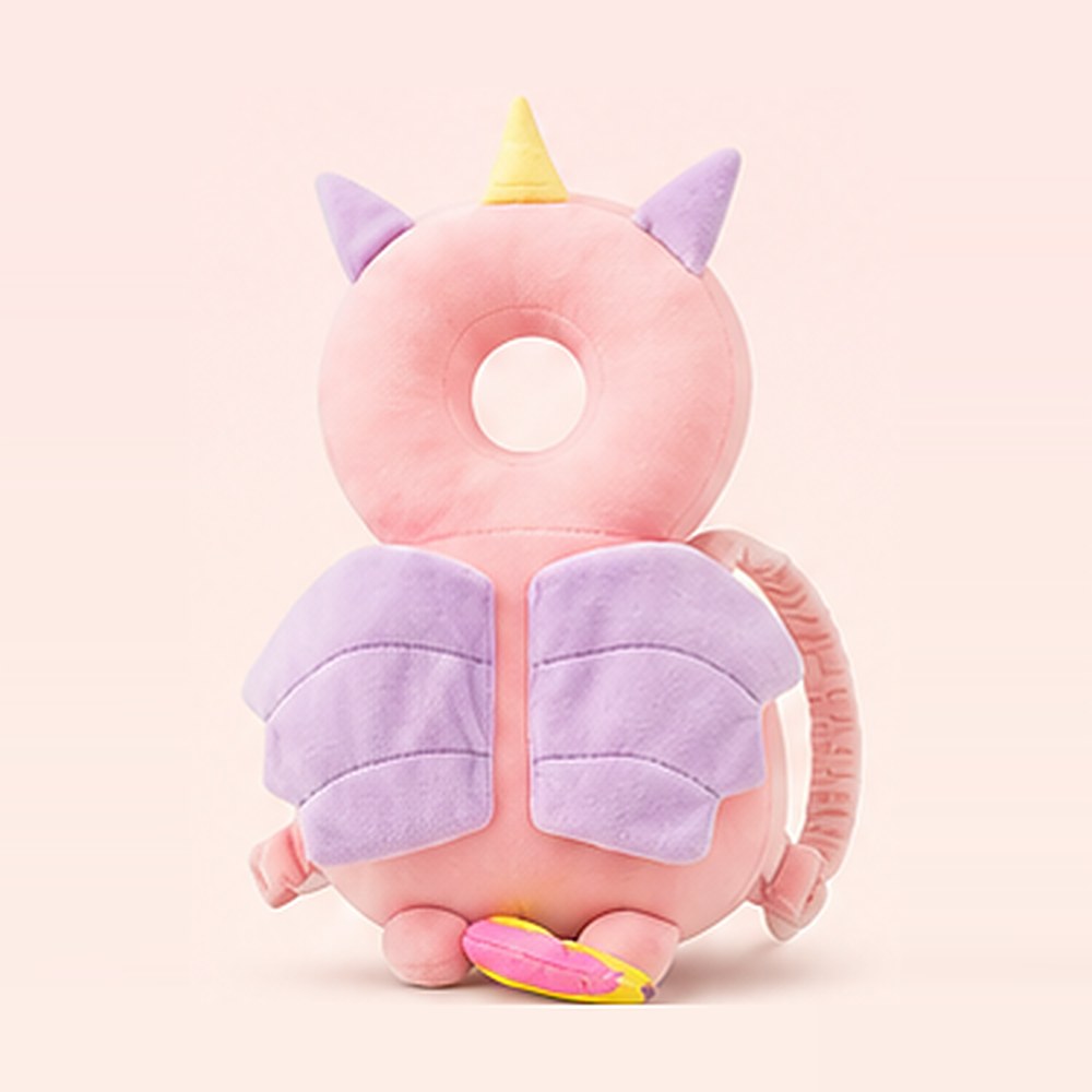 Bibbito Head Cushion in the Unicorn design, a soft pink plush unicorn cushion with lilac wings and a golden horn