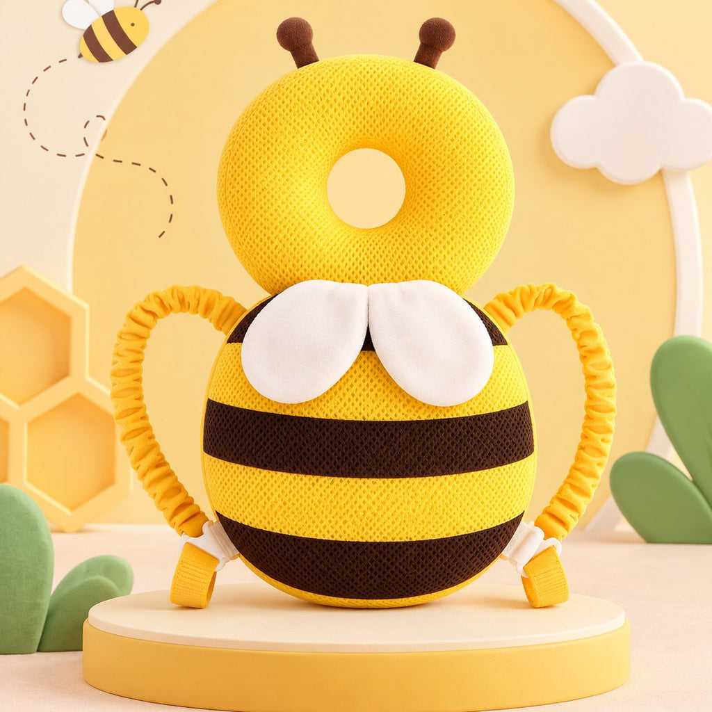 Bibbito Head Cushion in the Yellow Bee design, a soft yellow plush bee cushion with backpack-style straps